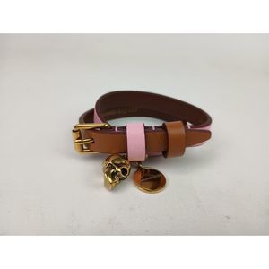 Alexander McQueen Pink Brown Leather Double Wrap Bracelet Skull Charms